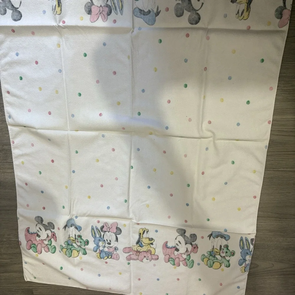 Vtg Disney Baby Receiving Blanket Mickey Minnie Donald Pluto Flannel Polka Dots